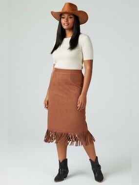 Suede Fringe Midi Skirt in Brown